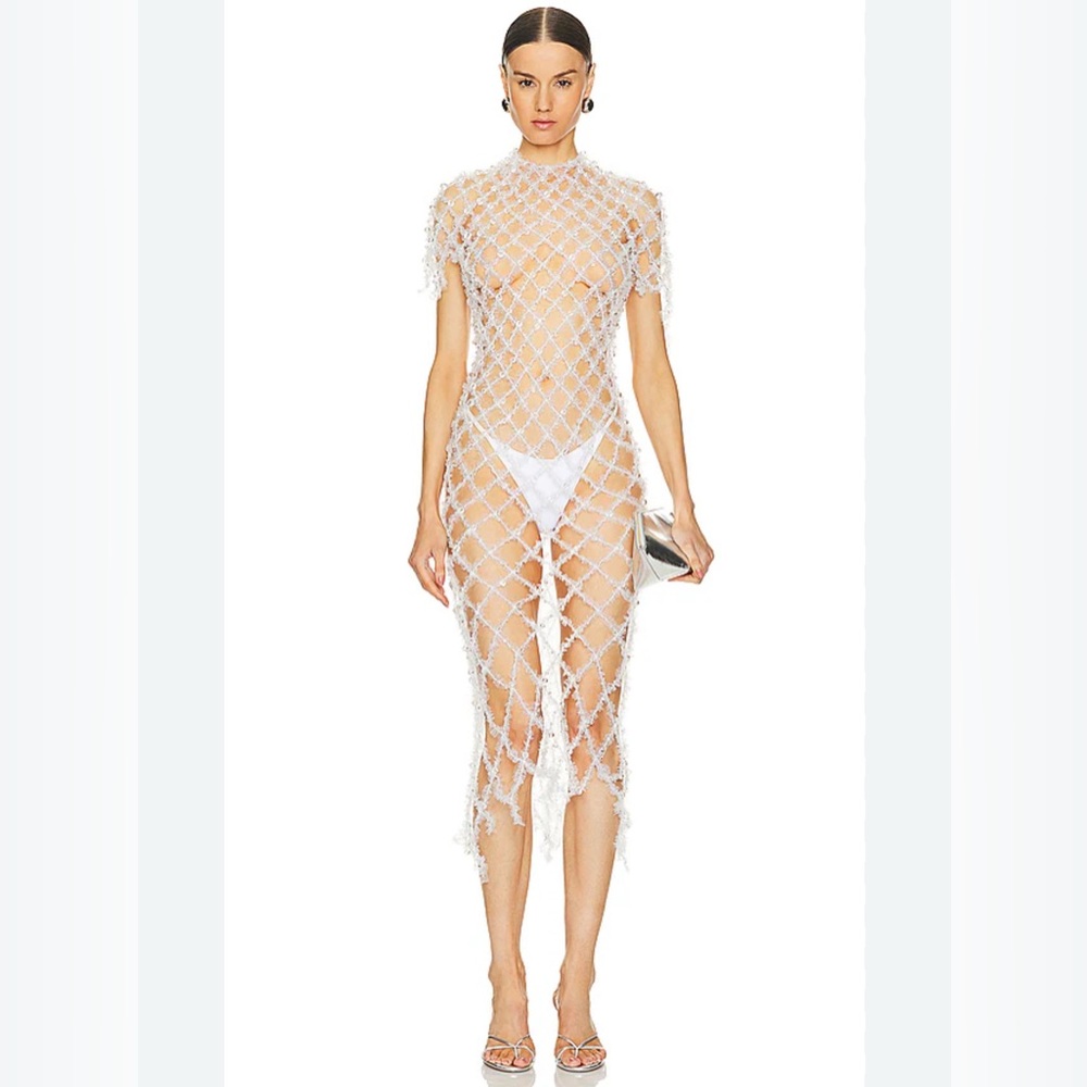 Susan Fang Crochet Beaded Sheer Maxi Dress Elegant White Knit Dress